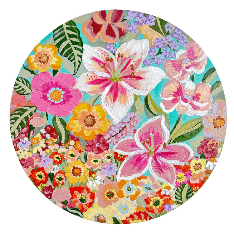 Round floral painting with colorful flowers on a white background