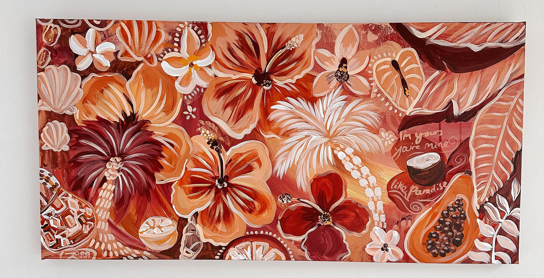 artwork that includes fruit, flowers and shells